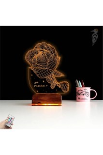 Sevgiliye özel lazer kazımalı 3D LED masa lambası, ahşap kaideli, 16 renkli uzaktan kumandalı gece lambası