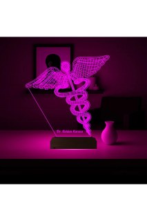 Doktora hediye kişiye özel 3D tıp logo lamba, lazer kazımalı pleksiglas ve ahşap kaideli masa gece lambası