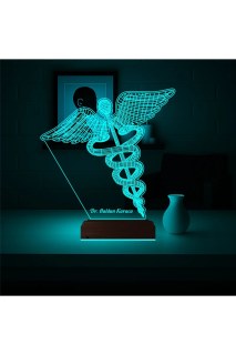 Kişiye özel lazer kazımalı 3D tıp logo lamba, ahşap kaide ve 16 renkli LED ışık özellikli masa gece lambası