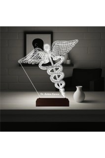 Doktora hediye için kişiye özel 3D tıp logo lamba, lazer kazımalı pleksiglas ve ahşap kaideli masa gece lambası