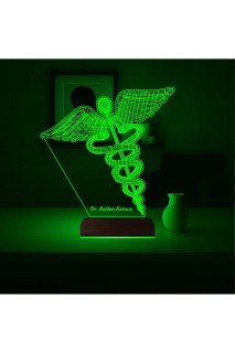 Doktora hediye kişiye özel 3D tıp logo lamba, lazer kazımalı pleksiglas ve ahşap kaideli masa gece lambası