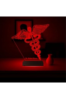 Doktora hediye için kişiye özel 3D tıp logo lamba, lazer kazımalı pleksiglas ve ahşap kaideli masa gece lambası
