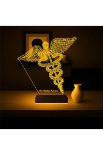 Doktora hediye için kişiye özel 3D tıp logo lamba, lazer kazımalı pleksiglas ve ahşap kaideli masa gece lambası