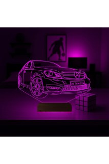 Araba Mercedes tasarımlı kişiye özel 3D LED illüzyon masa gece lambası, ahşap kaideli ve 16 renk seçenekli