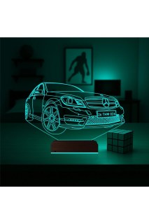 Araba Mercedes tasarımlı kişiye özel 3D LED illüzyon masa lambası, ahşap kaideli ve 16 renk seçenekli gece lambası