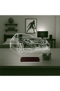 Araba Mercedes tasarımlı kişiye özel 3D LED illüzyon masa lambası, ahşap kaideli ve 16 renk seçenekli gece lambası