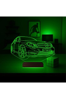 Araba Mercedes tasarımlı kişiye özel 3D LED illüzyon masa lambası, ahşap kaideli ve 16 renk seçenekli gece lambası