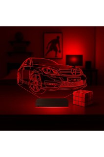 Araba Mercedes tasarımlı kişiye özel 3D LED illüzyon masa lambası, ahşap kaideli ve 16 renk seçenekli gece lambası