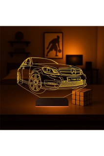 Araba Mercedes tasarımlı kişiye özel 3D LED illüzyon masa lambası, ahşap kaideli ve 16 renk seçenekli gece lambası