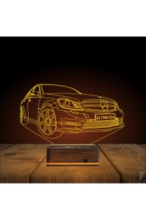 Araba Mercedes tasarımlı kişiye özel 3D LED illüzyon masa lambası, ahşap kaideli ve 16 renk seçenekli gece lambası