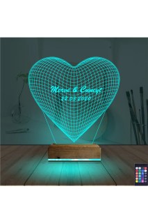 Kalp şekilli kişiye özel 3D LED lamba, lazer kazımayla isim ve anı tasarımı, masa gece lambası