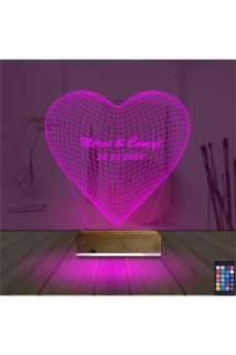Kalp şeklinde kişiye özel 3D LED lamba, lazer kazımalı isim ve anılarla masa gece lambası olarak kullanılır