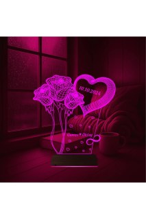 Kalp Gül Demeti temalı kişiye özel 3D LED illüzyon masa gece lambası, lazer kazınmış isim ve anılarla