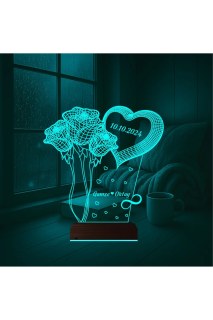 Kalp Gül Demeti tasarımlı kişiye özel 3D LED masa gece lambası, lazer kazınmış isim ve anılarla