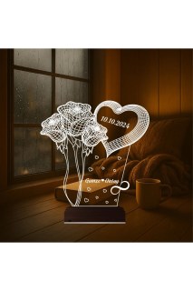 Kalp Gül Demeti tasarımlı kişiye özel 3D LED illüzyon masa gece lambası, lazer kazınmış isim ve anılarla