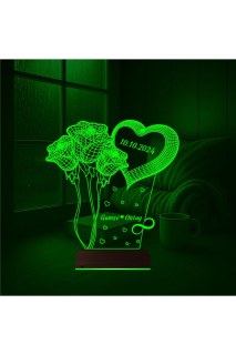 Kalp Gül Demeti kişiye özel 3D LED illüzyon masa lambası, lazer kazınmış isim ve anılarla kişiselleştirilebilir