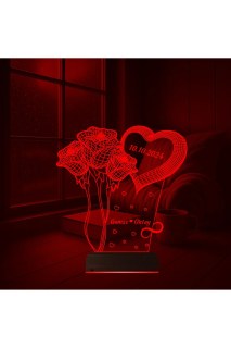Kalp Gül Demeti temalı kişiye özel 3D LED masa gece lambası, lazer kazınmış isim ve anılarla