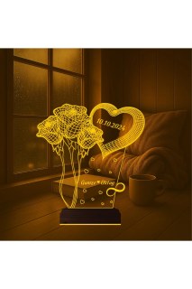 Kalp Gül Demeti temalı kişiye özel 3D LED illüzyon masa gece lambası, lazer kazınmış isim ve anılarla