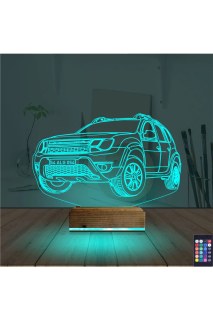 Araba Jeep Duster temalı kişiye özel 3D LED masa gece lambası, lazer kazımalı pleksiglas ve ahşap kaide ile