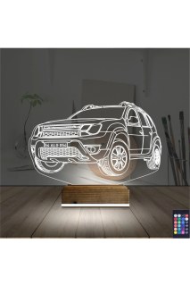 Araba Jeep Duster temalı kişiye özel 3D LED illüzyon masa gece lambası, ahşap kaideli ve 16 renk seçenekli