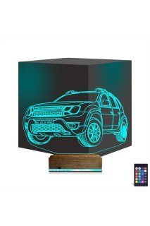 Araba Jeep Duster kişiye özel 3D LED illüzyon masa gece lambası, ahşap kaideli, 16 renk seçenekli