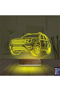 Araba Jeep Duster temalı kişiye özel 3D LED masa gece lambası, lazer kazımalı pleksiglas ve ahşap kaideli