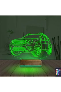 Araba Jeep Duster kişiye özel 3D LED illüzyon masa gece lambası, lazer kazımalı pleksiglas ve ahşap kaide