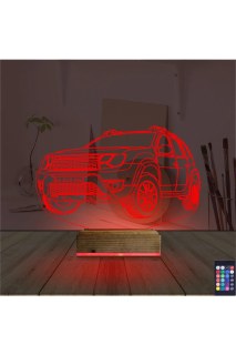 Araba Jeep Duster temalı kişiye özel 3D LED illüzyon masa gece lambası, ahşap kaideli ve 16 renk seçenekli