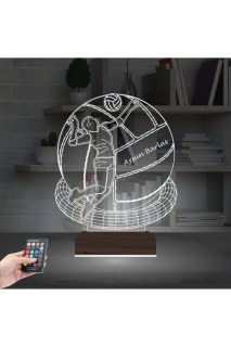Voleybol topu tasarımlı kişiye özel 3D LED masa lambası, lazer kazımalı ve ahşap kaideli dekoratif gece lambası