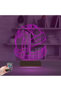 Kişiye özel voleybol topu tasarımlı 3D LED masa lambası, lazer kazıma ve ahşap kaideli dekoratif gece lambası