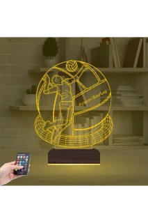 Kişiye özel voleybol topu tasarımlı 3D LED masa lambası, lazer kazıma ve ahşap kaideli dekoratif gece lambası