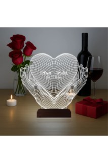 Kişiye özel lazer kazımalı 3D kalp şekilli masa gece lambası, ahşap kaideli ve 16 renkli LED ışıklı