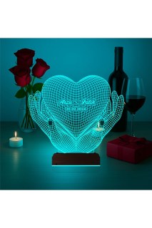 Kalp şekilli kişiye özel 3D LED masa lambası, lazer kazımalı, ahşap kaideli, 16 renkli uzaktan kumandalı gece lambası