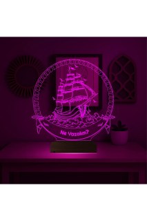 Gemici kaptan temalı kişiye özel 3D LED masa lambası, lazer kazımalı pleksiglas ve ahşap kaideli dekoratif gece lambası