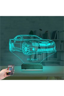 Spor Araba Camaro kişiye özel 3D LED masa gece lambası, lazer kazımalı pleksiglas ve ahşap kaide ile dekoratif aydınlatma
