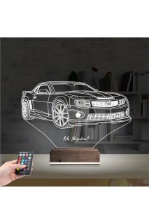 Spor Araba Camaro kişiye özel 3D LED masa lambası, lazer kazımalı pleksiglas ve ahşap kaideli gece lambası