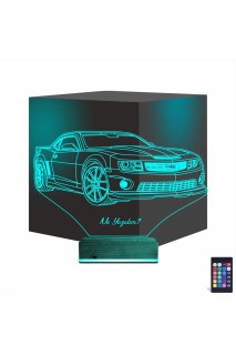 Spor Araba Camaro kişiye özel 3D LED masa lambası, lazer kazımalı pleksiglas ve ahşap kaideli dekoratif gece lambası