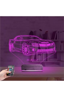 Spor Araba Camaro kişiye özel 3D LED illüzyon masa gece lambası, lazer kazımalı ve ahşap kaideli dekoratif aydınlatma
