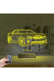 Spor Araba Camaro kişiye özel 3D LED illüzyon masa gece lambası, lazer kazımalı ve ahşap kaideli dekoratif aydınlatma