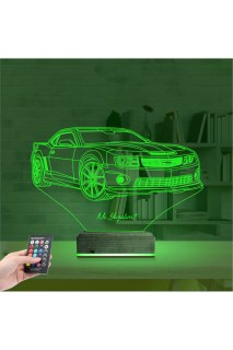 Spor Araba Camaro kişiye özel 3D LED illüzyon masa lambası, lazer kazımalı ve ahşap kaideli gece lambası