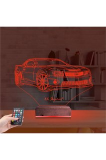 Spor Araba Camaro kişiye özel 3D LED masa gece lambası, lazer kazımalı pleksiglas ve ahşap kaide ile dekoratif hediye