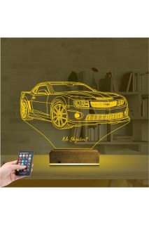 Spor Araba Camaro kişiye özel 3D LED masa lambası, lazer kazımalı pleksiglas ve ahşap kaideli dekoratif gece lambası