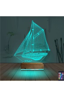 Gemi kaptan temalı kişiye özel 3D LED illüzyon masa gece lambası, lazer kazımalı pleksiglas ve ahşap kaide