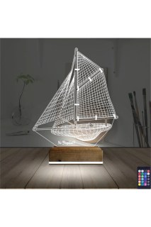 Gemi kaptan temalı kişiye özel 3D LED illüzyon masa gece lambası, lazer kazımalı pleksiglas ve ahşap kaide ile