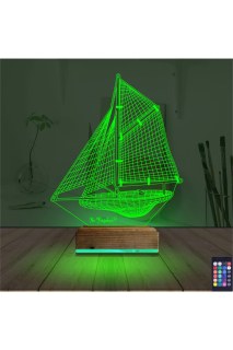Gemi kaptan temalı kişiye özel 3D LED illüzyon masa gece lambası, lazer kazımalı pleksiglas ve ahşap kaide ile