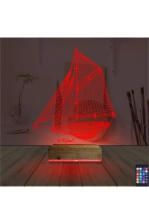 Gemi kaptan temalı kişiye özel 3D LED illüzyon masa gece lambası, lazer kazımalı pleksiglas ve ahşap kaide ile