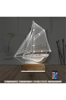 Gemi kaptan temalı kişiye özel 3D LED illüzyon masa gece lambası, lazer kazımalı pleksiglas ve ahşap kaide ile