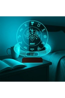 Koç Burcu Aries kişiye özel 3D LED lamba, lazer kazımalı pleksiglas ve ahşap kaideli masa gece lambası