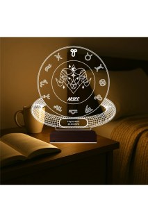 Koç Burcu Aries kişiye özel 3D LED lamba, lazer kazımalı pleksiglas ve ahşap kaideli masa gece lambası
