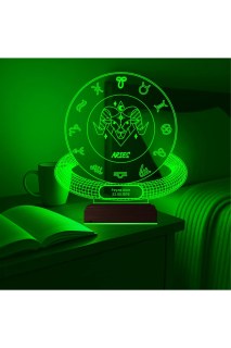 Koç Burcu Aries kişiye özel 3D LED lamba, lazer kazımalı pleksiglas ve ahşap kaideli masa gece lambası